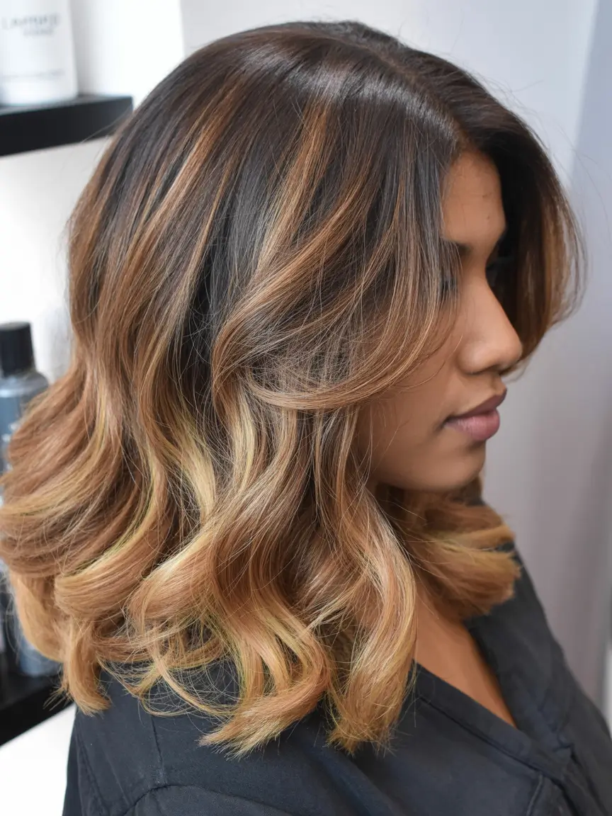 winter hair colors dark skin ideas 2025 2026 Golden Honey Ombre Bob