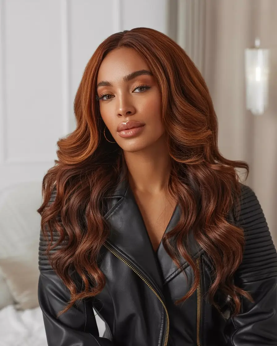winter hair colors dark skin black women Auburn Glamour Waves