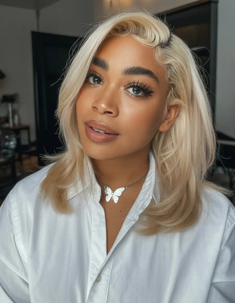 winter hair colors dark skin black women Bright Platinum with Warm Undertones