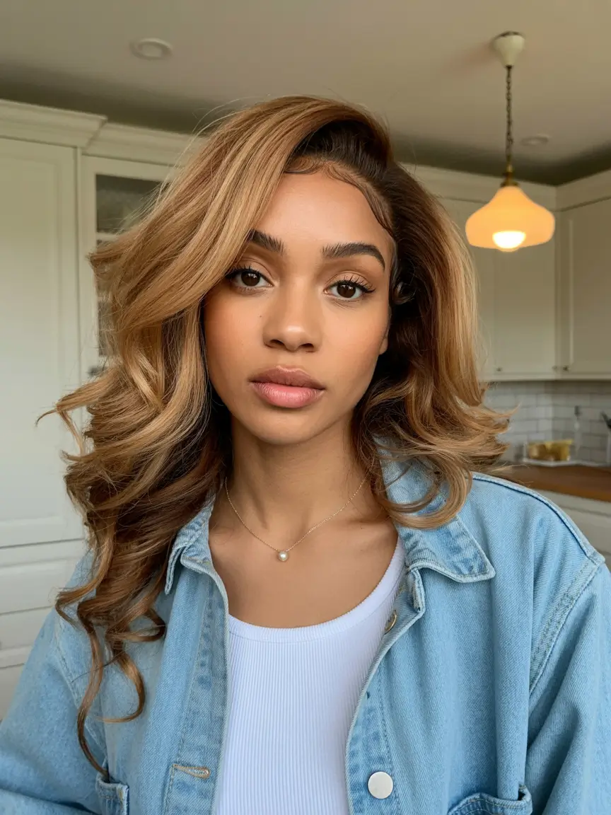 winter hair colors dark skin black women Honey Blonde Layers with Volume