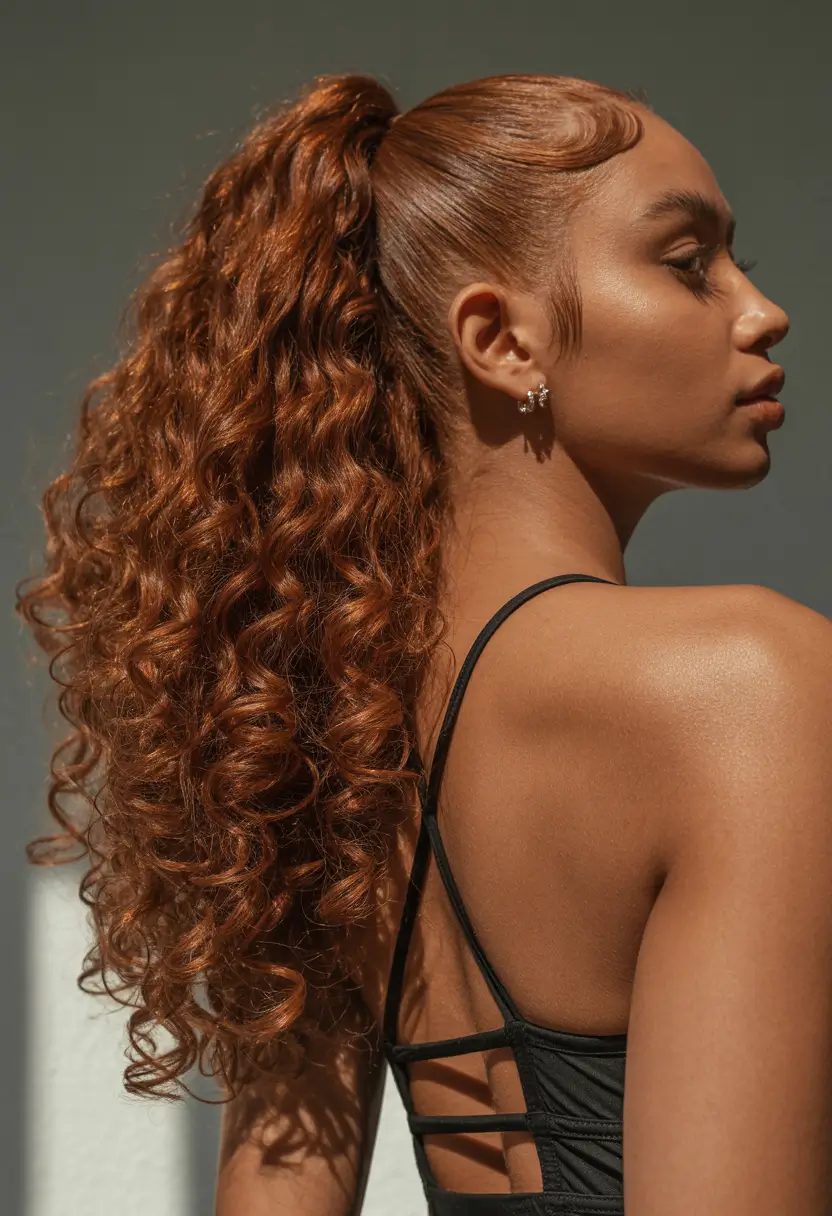 winter hair colors dark skin black women Copper Curly Ponytail
