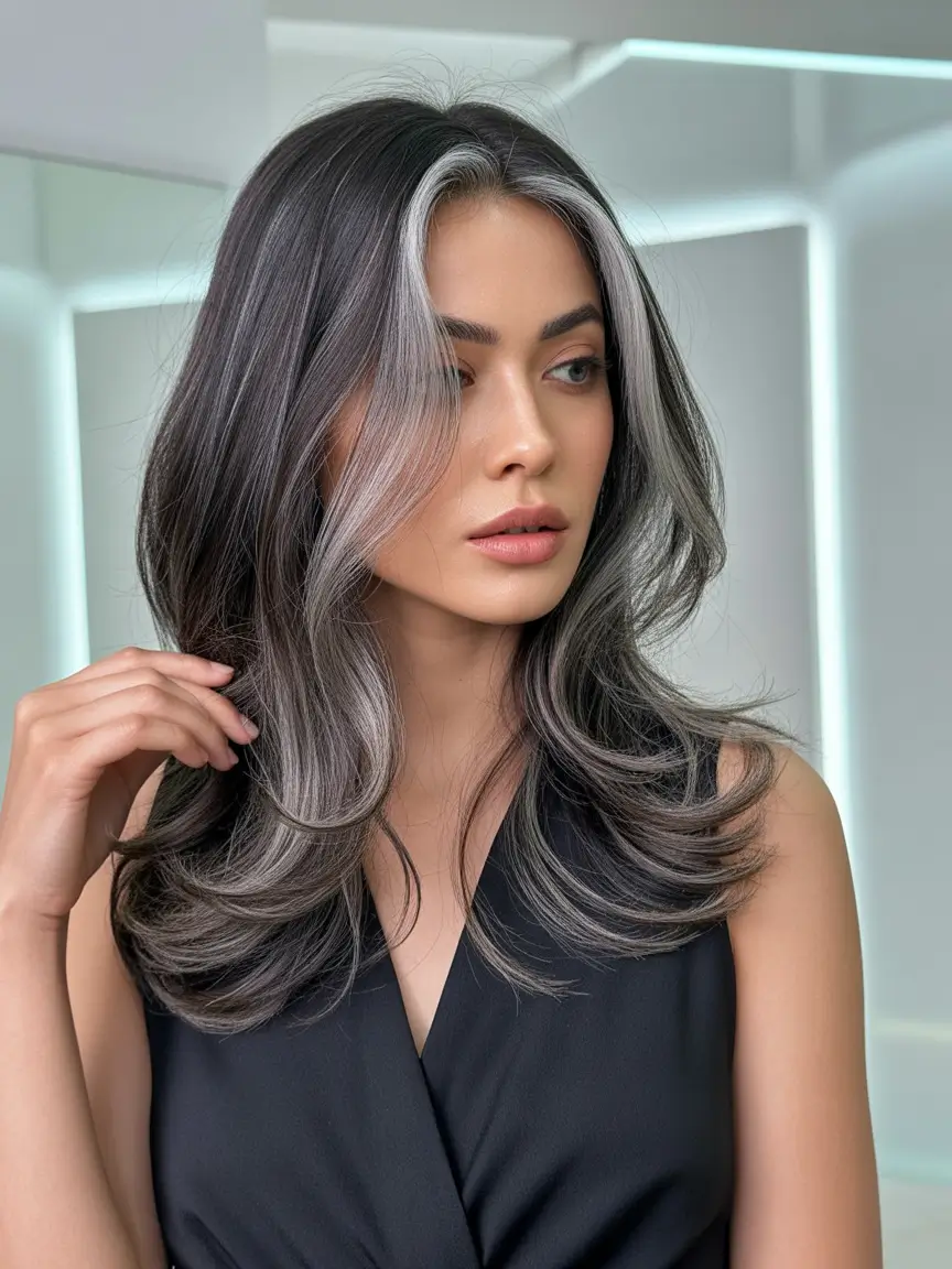 winter hair colors highlights ideas 2025 2026 Silver Contour Lights