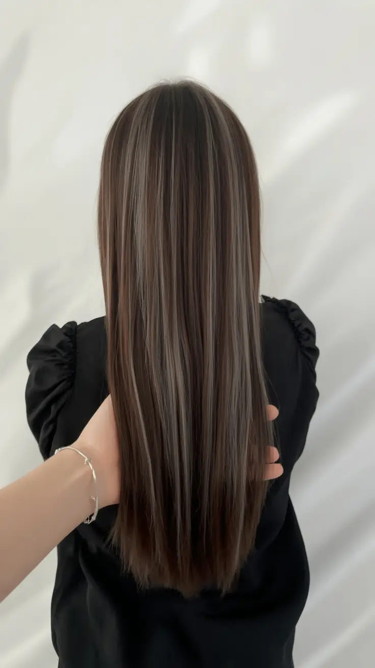 winter hair colors highlights ideas 2025 2026 Soft Brunette with Icy Lowlights