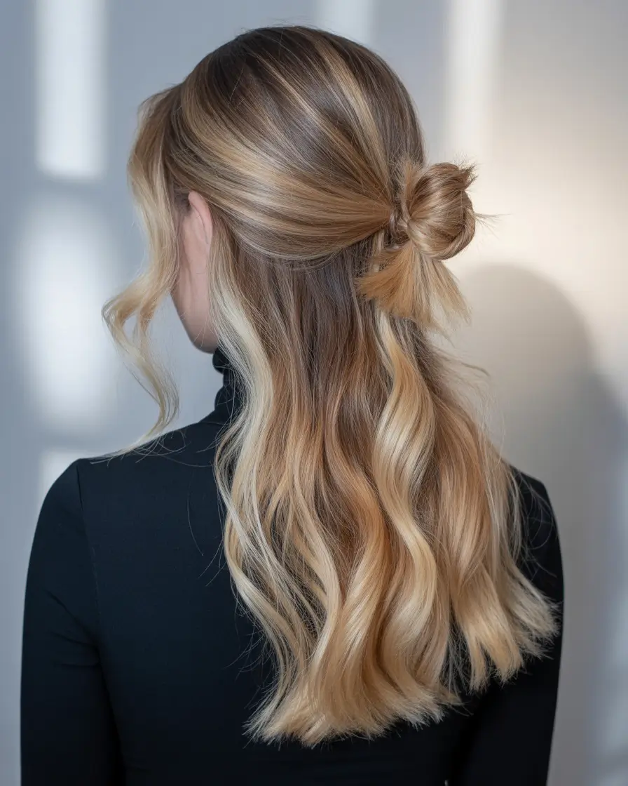 winter hair colors highlights ideas 2025 2026 Butter Blonde Balayage Knot
