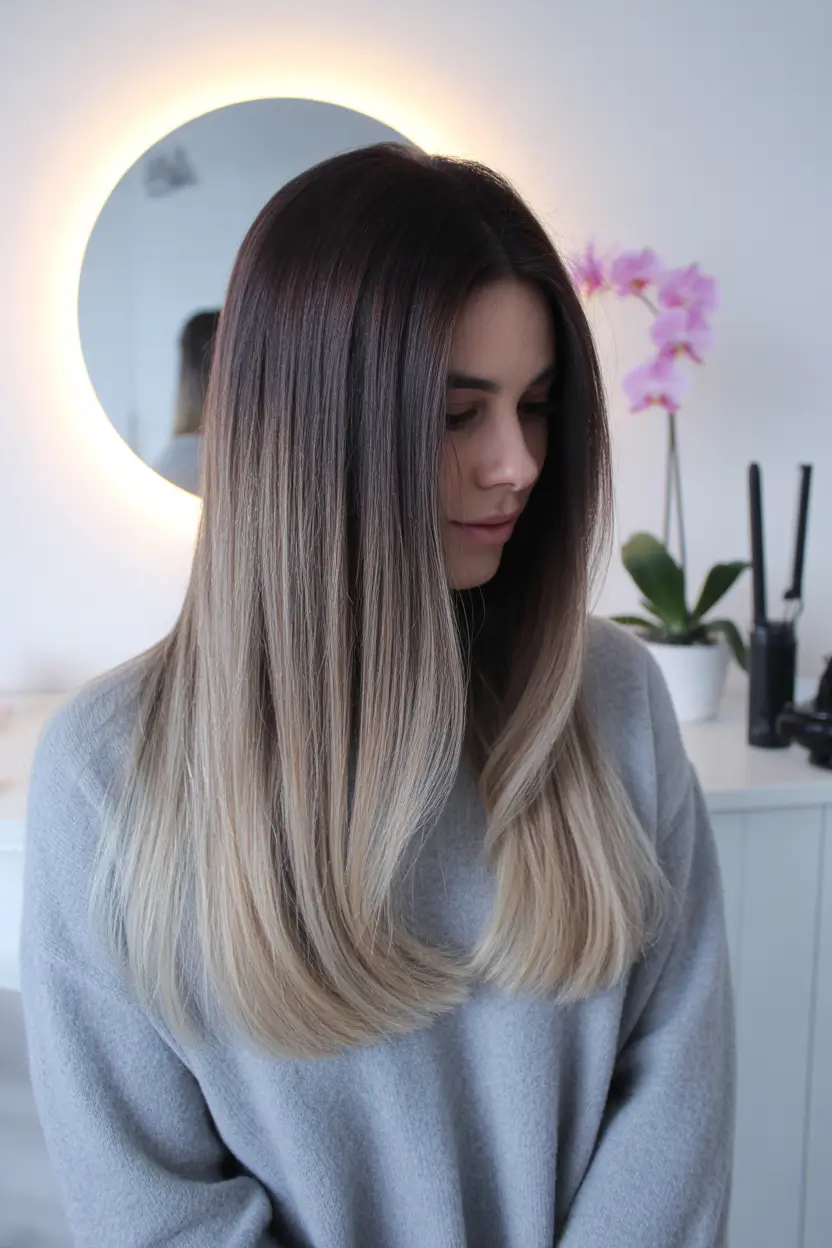 winter hair colors highlights ideas 2025 2026 Smoky Root Melt with Frosted Ends