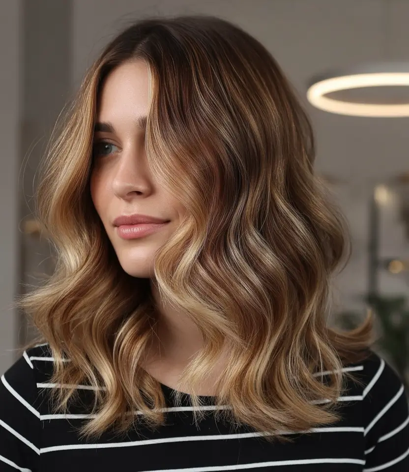 winter hair colors highlights ideas 2025 2026 Golden Beige Bob with Soft Layers