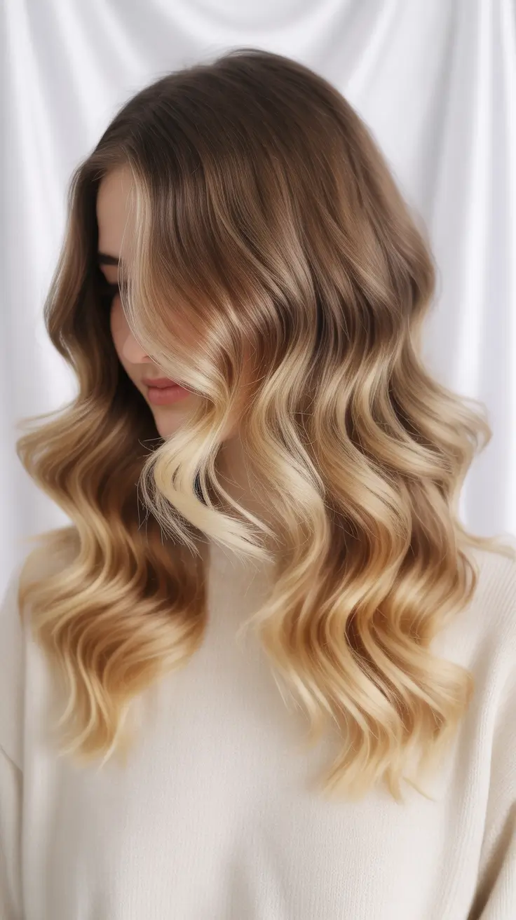 winter hair colors highlights ideas 2025 2026 Champagne Waves with Light Dimension