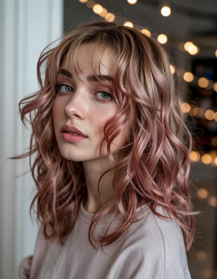 haircuts-and-colors-ideas-2025 Rosy Frost Waves with Curtain Bangs