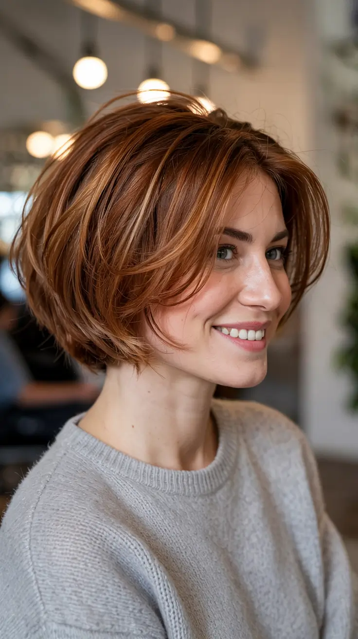 haircuts for round faces short Textured Copper Bob