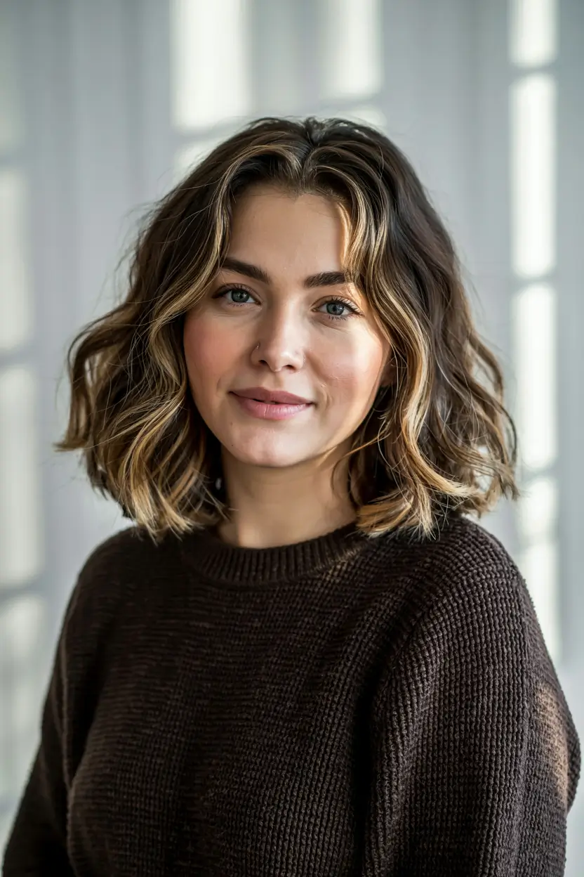 Winter Haircuts for Round Faces 2025-2026 Style Guide Warm Brunette Bob with Sunlit Ends