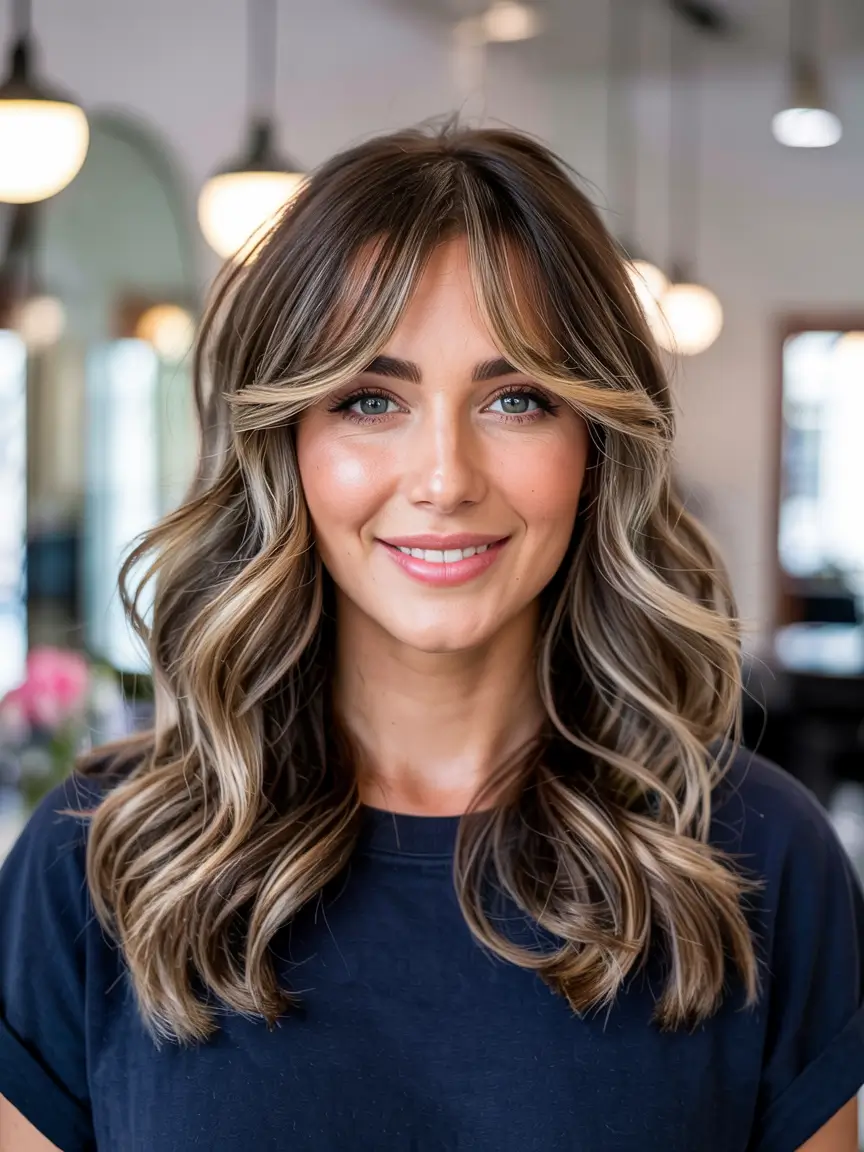 Winter Haircuts for Round Faces 2025-2026 Style Guide Long Curtain Bangs with Dimensional Waves