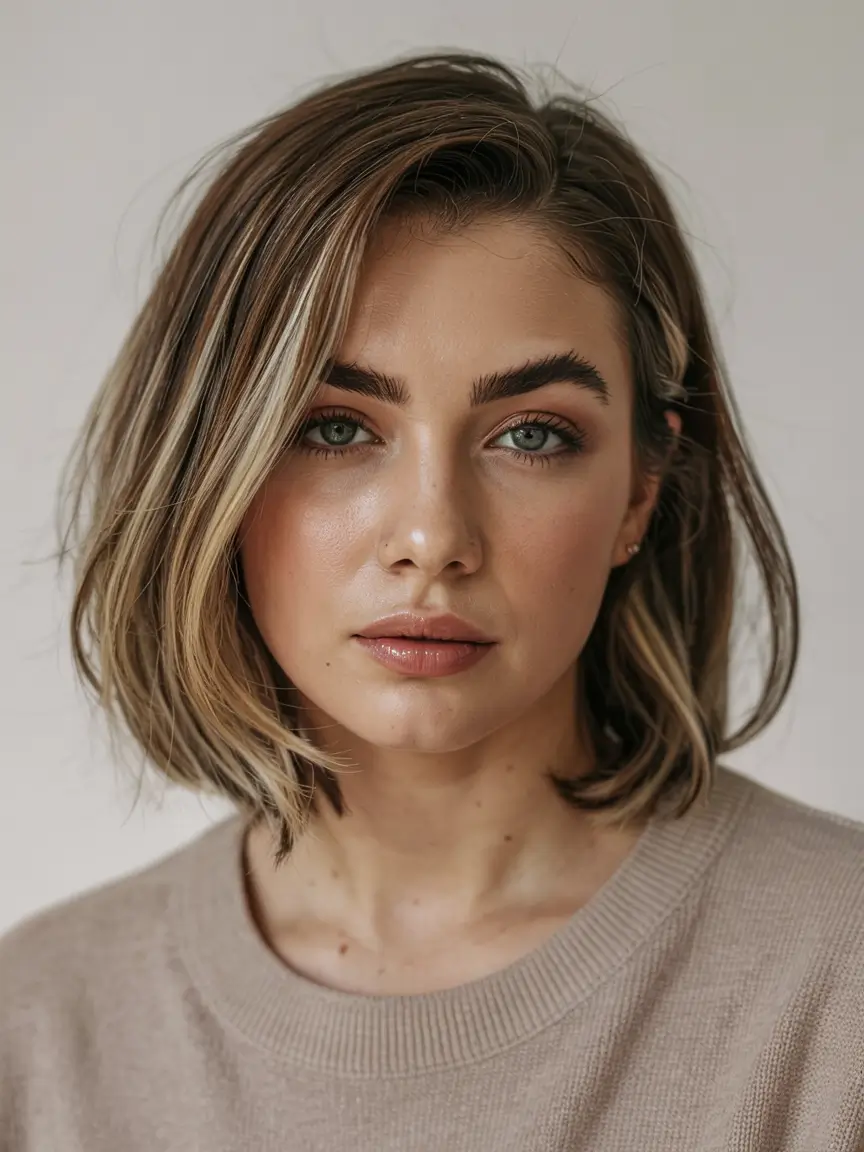 Winter Haircuts for Round Faces 2025-2026 Style Guide Side-Parted Blonde Bob with Blended Layers