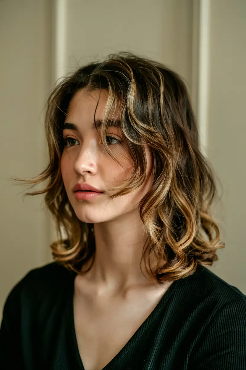 Winter Haircuts for Round Faces 2025-2026 Style Guide Light Brunette Waves with Golden Highlights