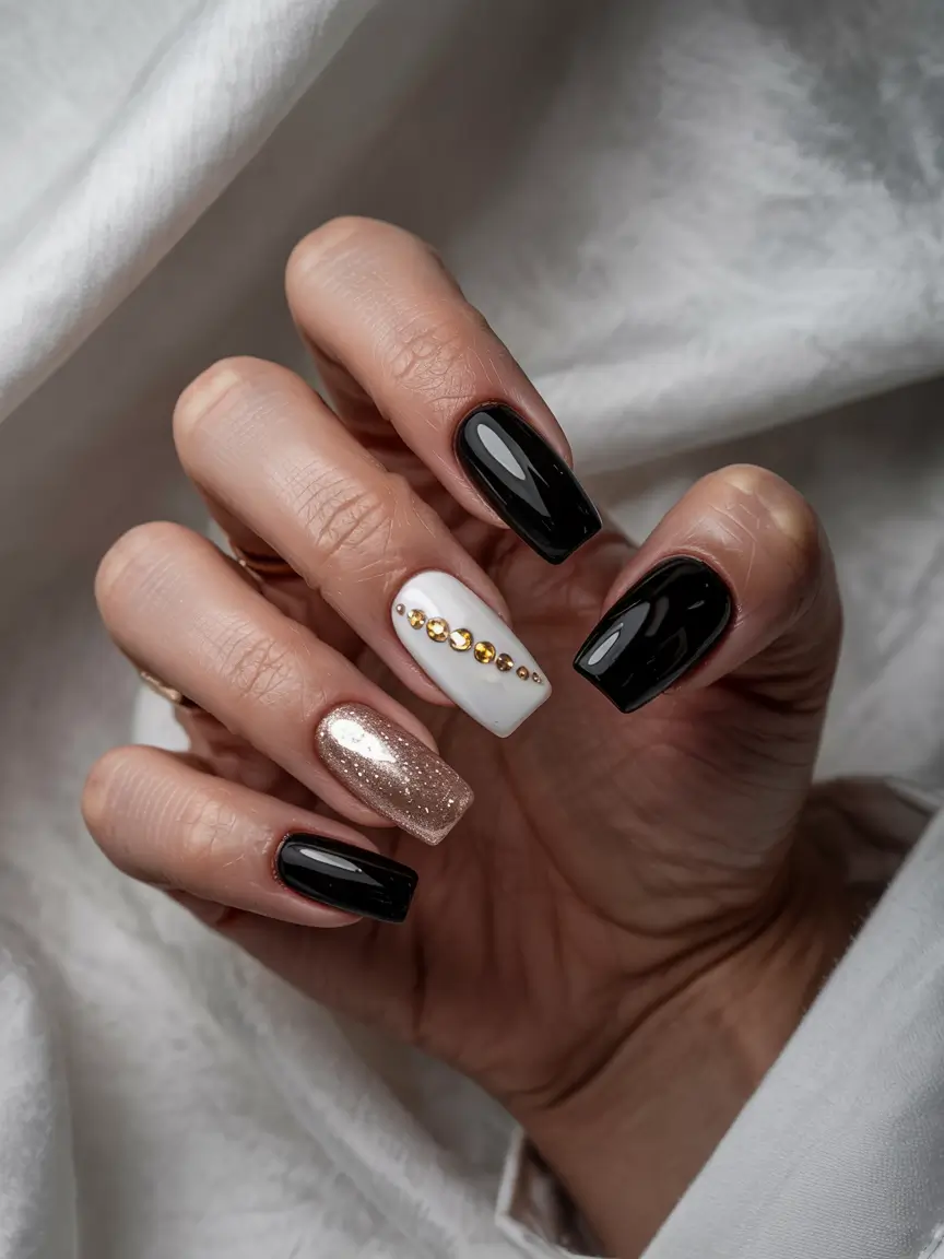 winter nails colors dark Midnight Glam with a Golden Twist