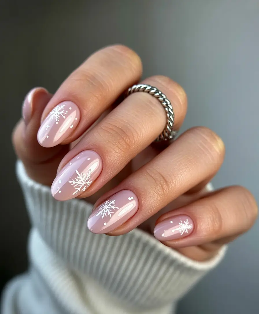 winter nails almond designs Soft Blush Snowflakes