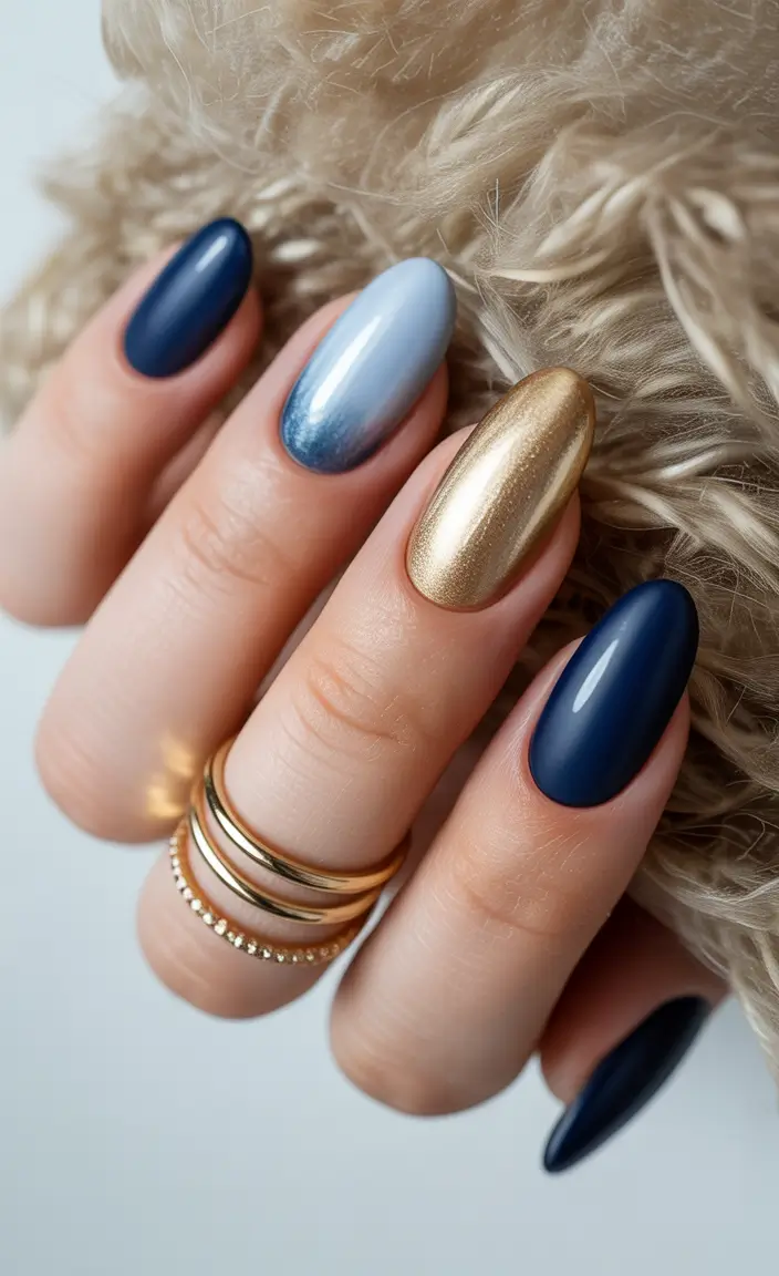 winter blue winter nails with designs almond Midnight Gold Luxe