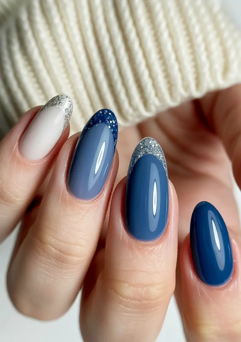 winter nails almond designs Frosted Blue Elegance