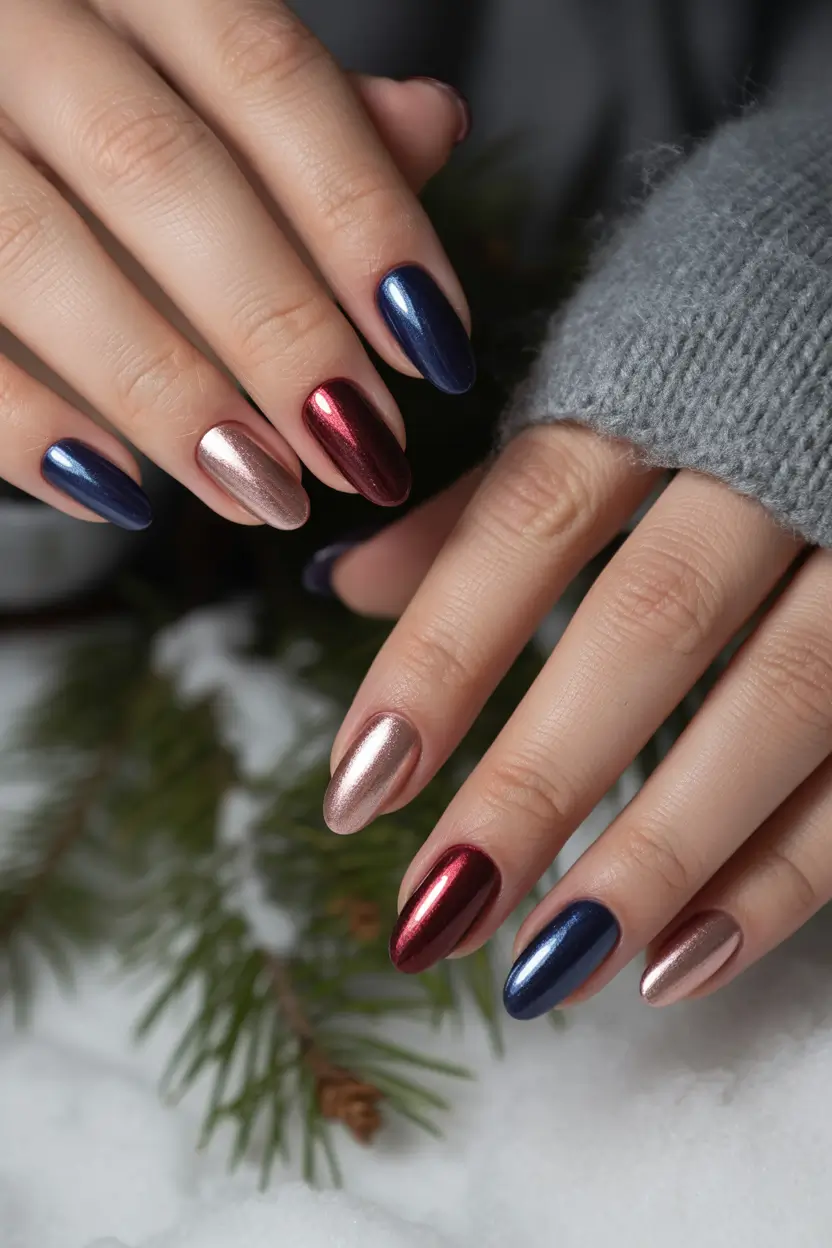 long almond shaped nails designs winter Metallic Moonlight Harmony