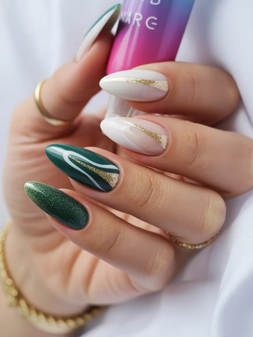 medium almond nails winter design Emerald and Ivory Lines