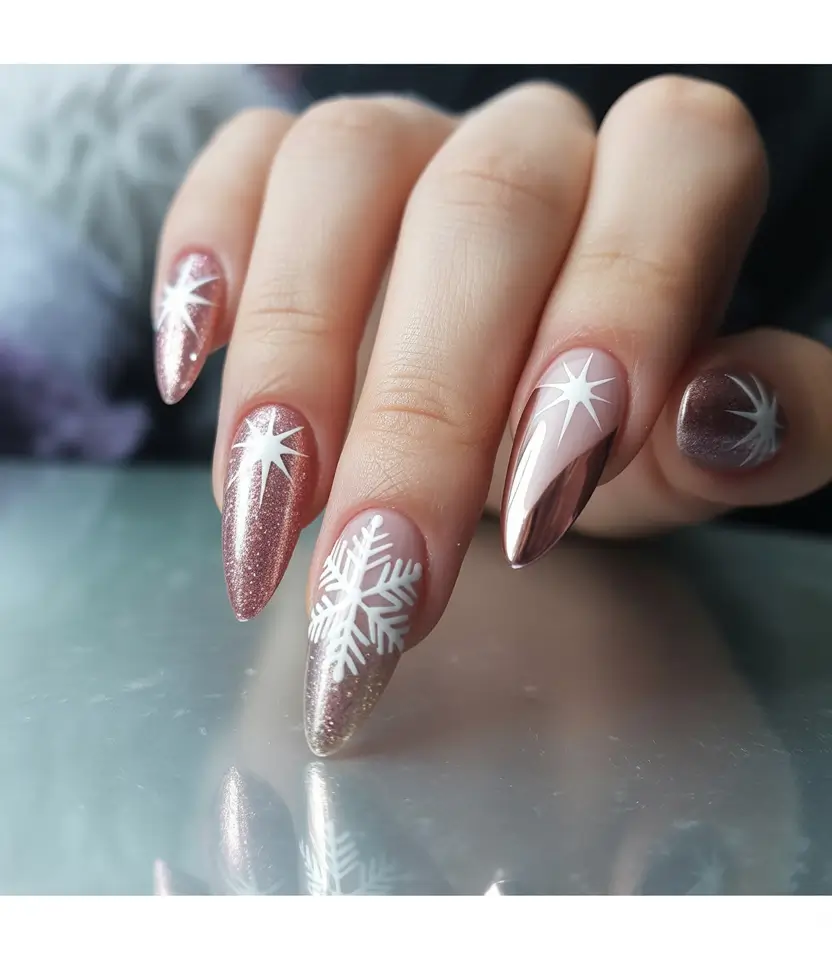 long-almond-shaped-nails-designs-winter-Frosted-Rose-with-Snowflake-Shine