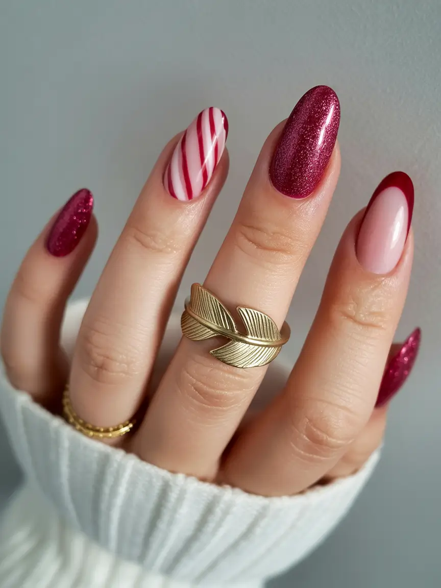 winter nails with designs almond Crimson Candy Swirl