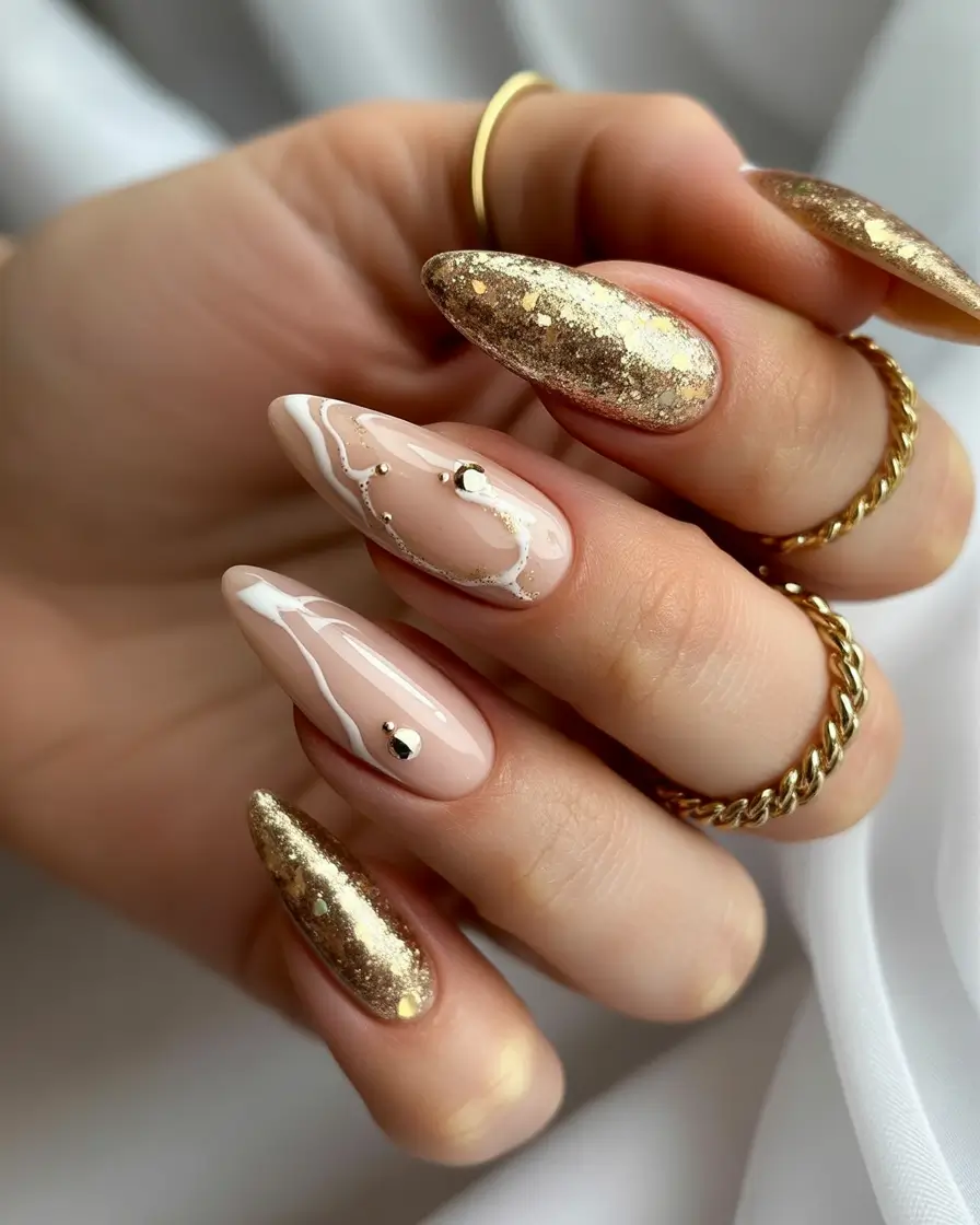long almond shaped nails designs winter Golden Whisper Glam