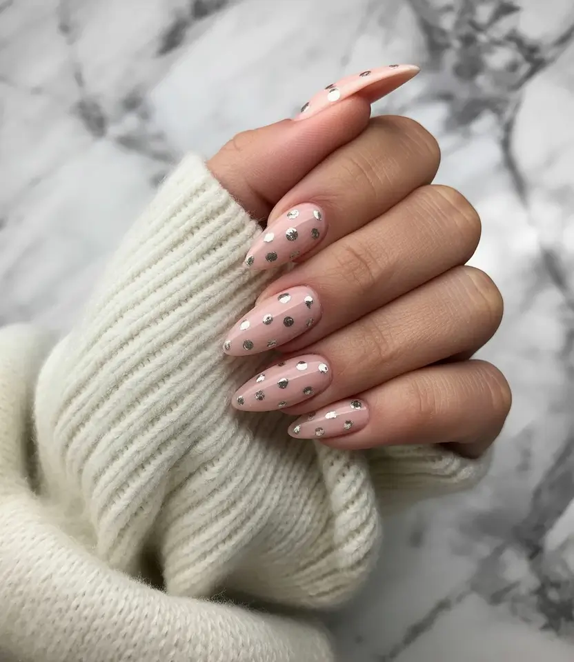 short almond shaped nails designs winter Silver Dot Charm