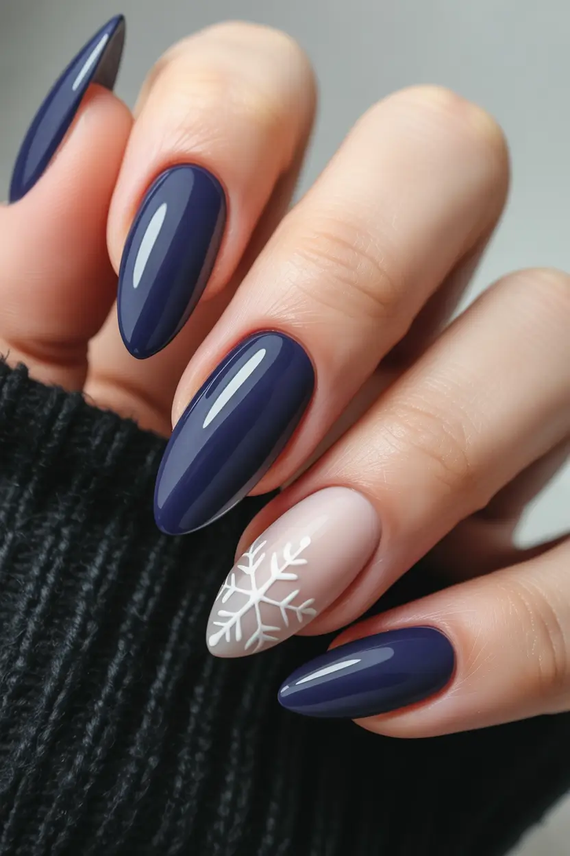 winter nails almond designs Midnight Snowflake