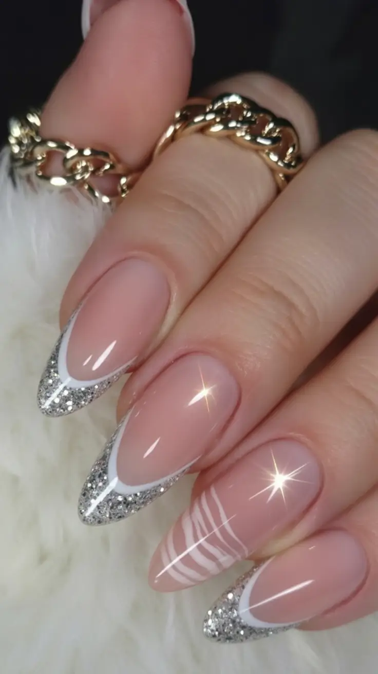 french tip almond nails with design winter Frosted French Sparkle