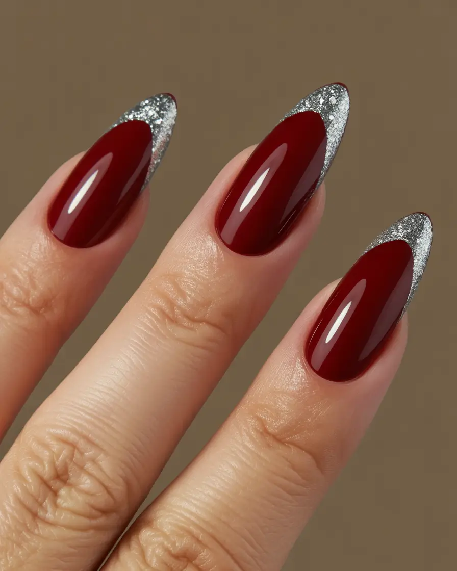 french tip almond nails with design winter Crimson Spark French