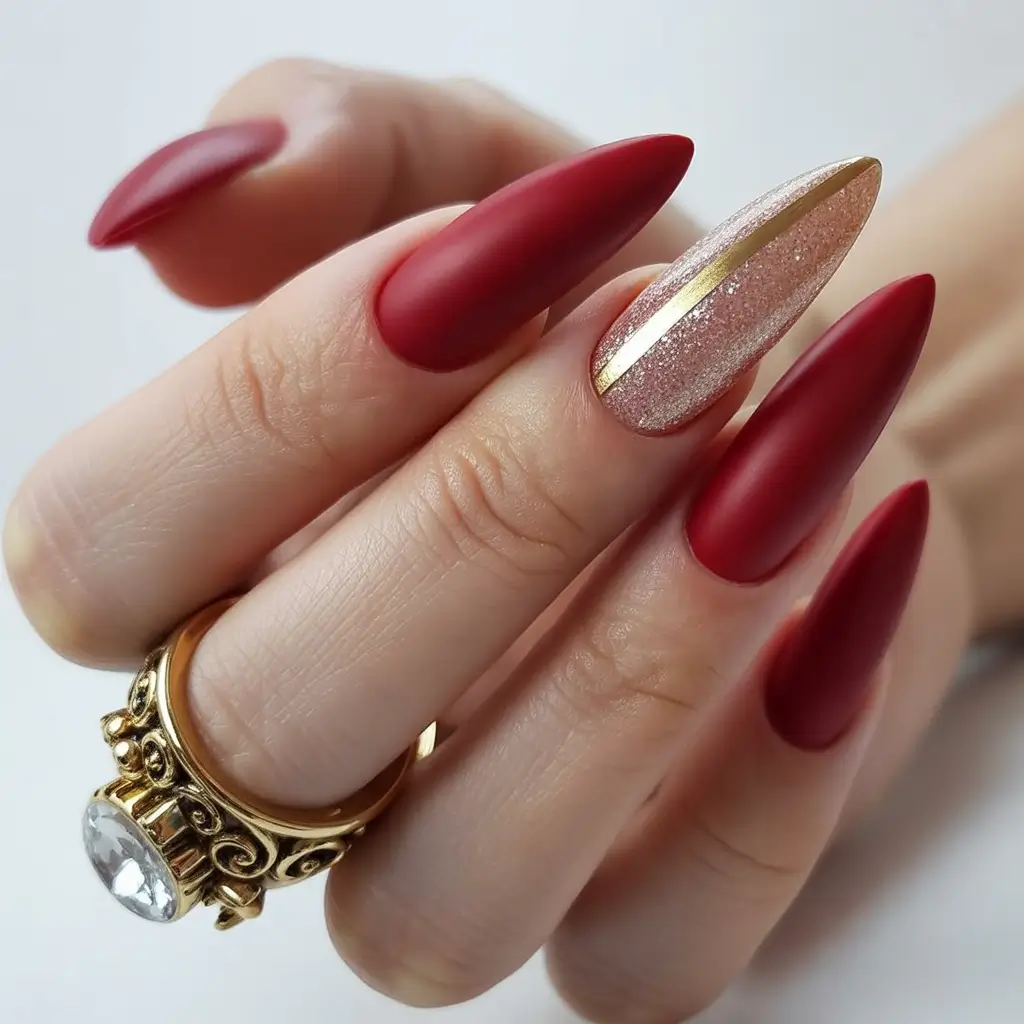 almond-nails-designs-winter-matte-Velvet-Red-with-Golden-Touch