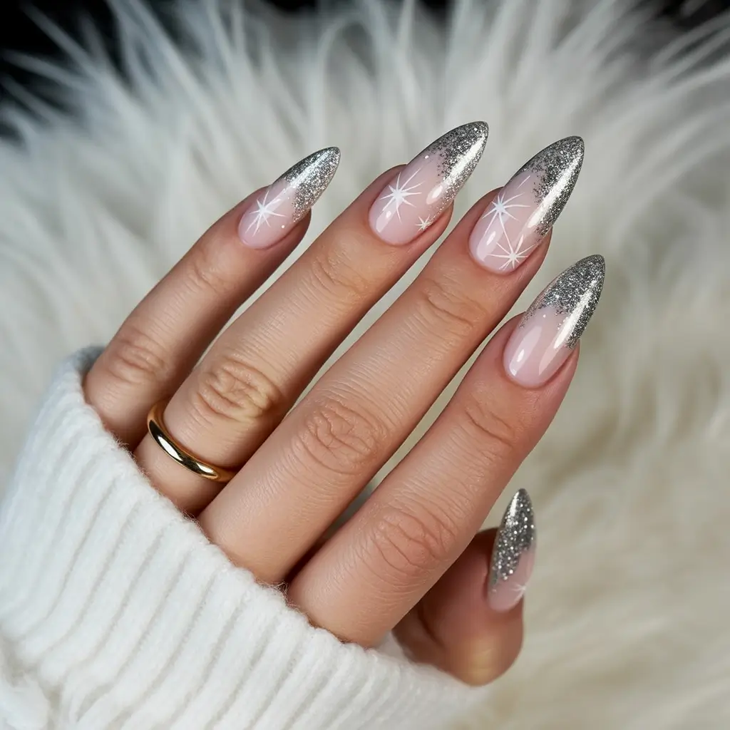 french-tip-almond-nails-with-design-winter-Silver-Starlight-French-Magic