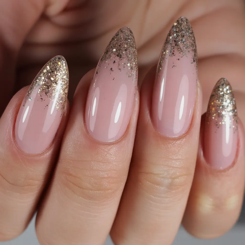 short-almond-shaped-nails-designs-winter-Golden-Dust-Elegance