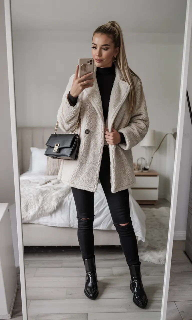 casual outfits 2026 winter Textured Creams and Sleek Black Accents