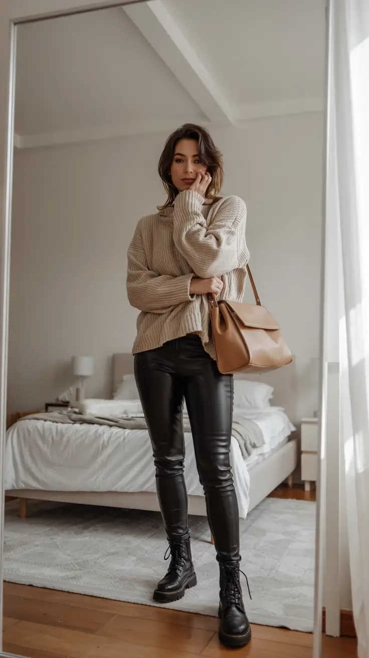 casual outfits for work Soft Knit and Leather Balance