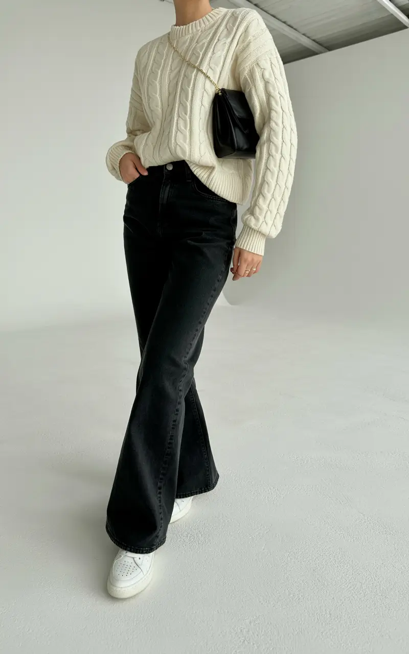 jeans outfits winter Cream and Charcoal