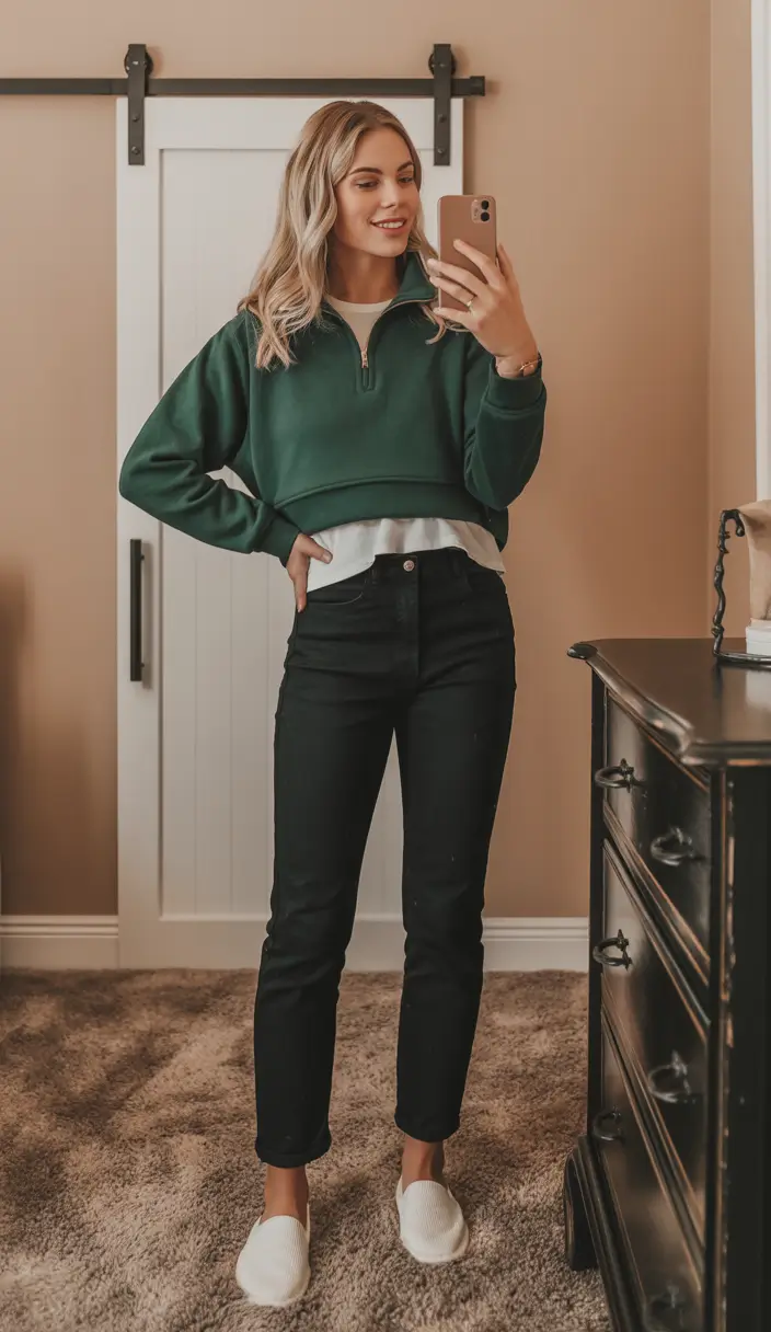 outfits ideas autumn Layered Neutrals with a Pop of Green