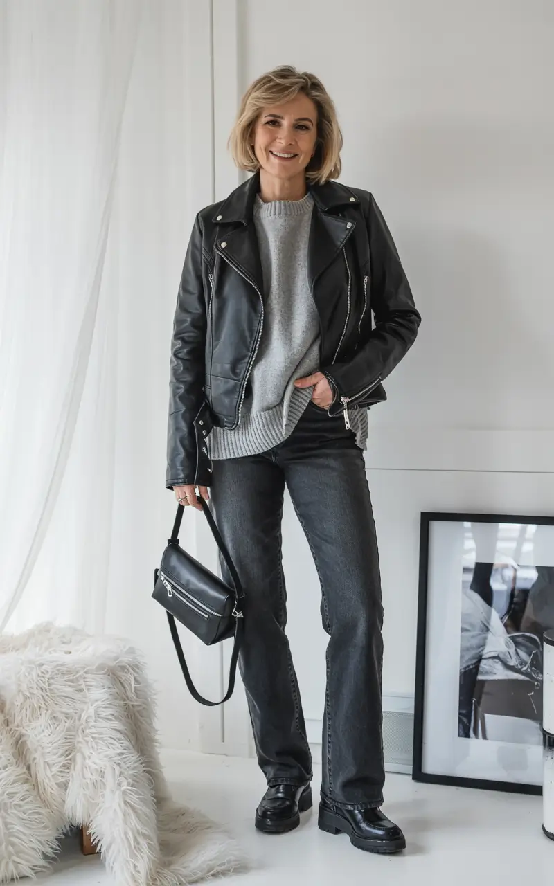 outfits for women over 40 2026 Effortless Rock-Chic Layers for Cool-Weather Days