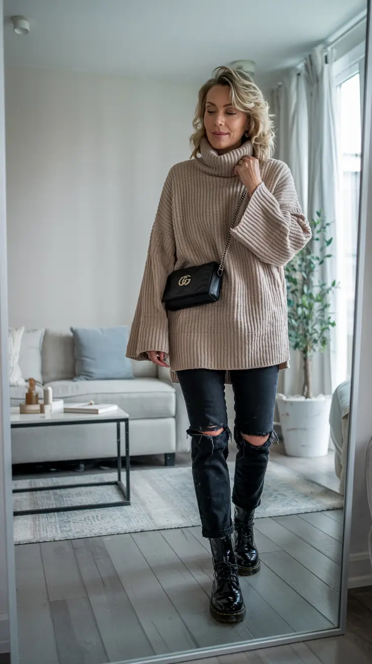 outfits for women over 40 2026 Soft Oversized Knit With Edgy Denim Contrast