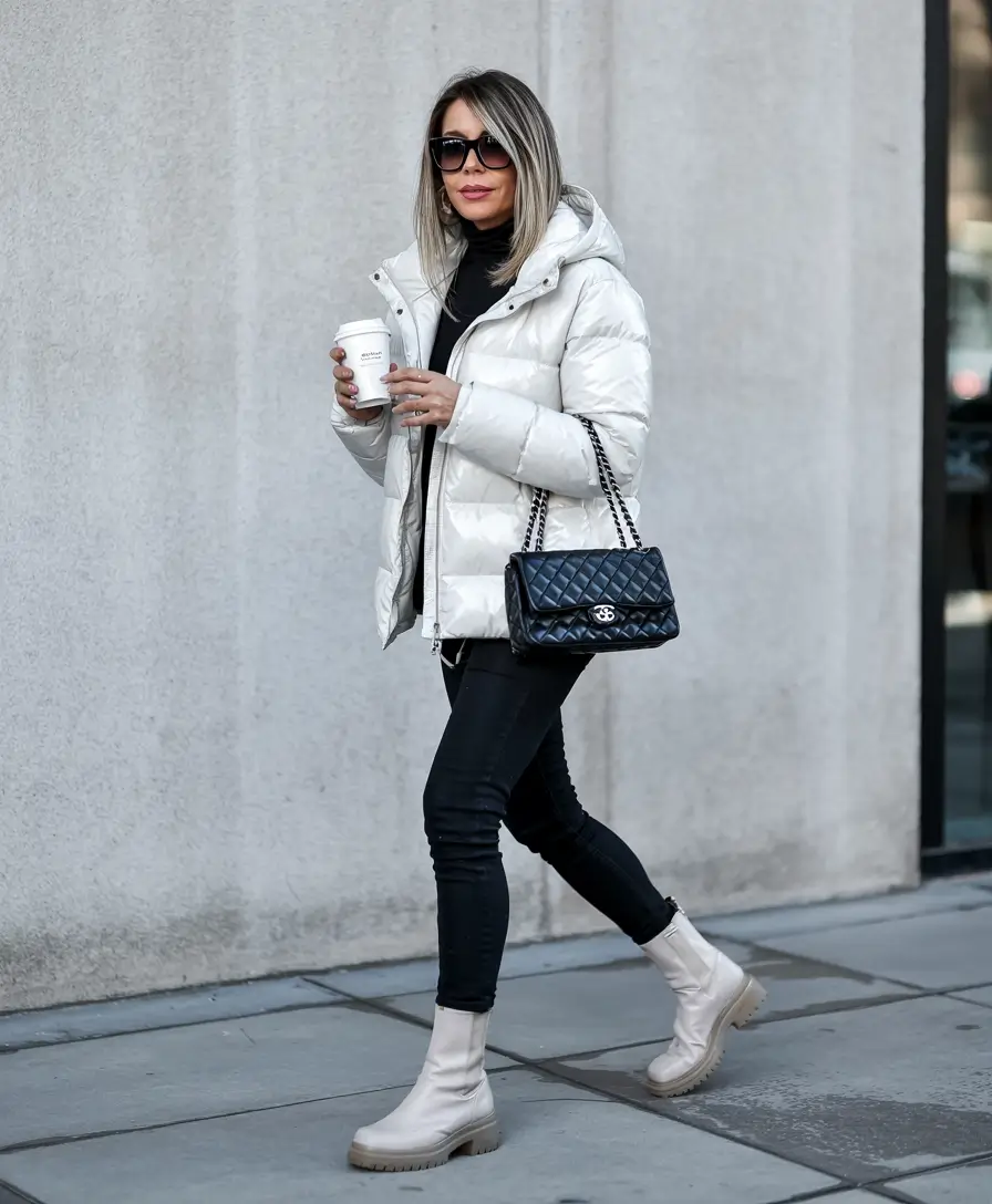 outfits for women over 40 2026 Monochrome Winter Chic With a Bright Modern Twist