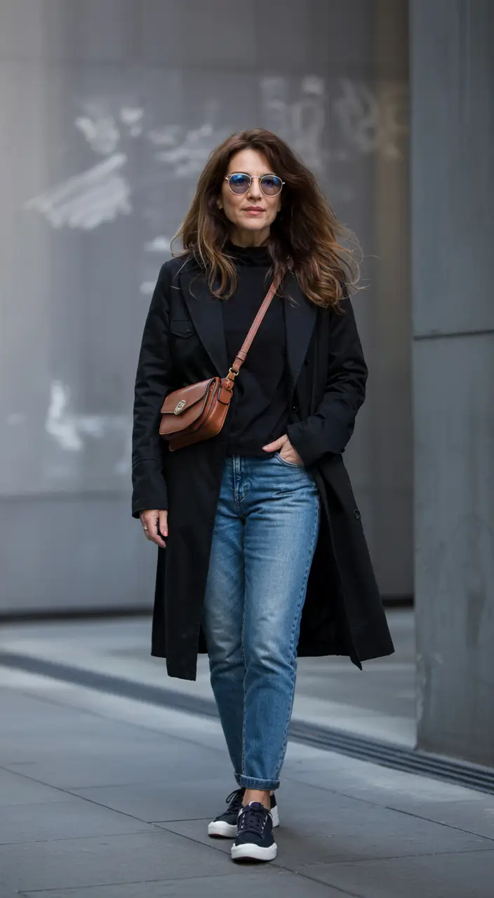 outfits for women over 40 2026 Urban Black-on-Black Confidence With Laid-Back Denim