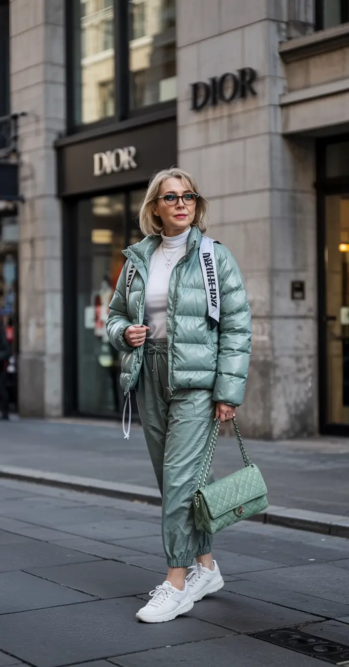 outfits for women over 40 2026 Modern Monochrome Street Sport in Mint Tones