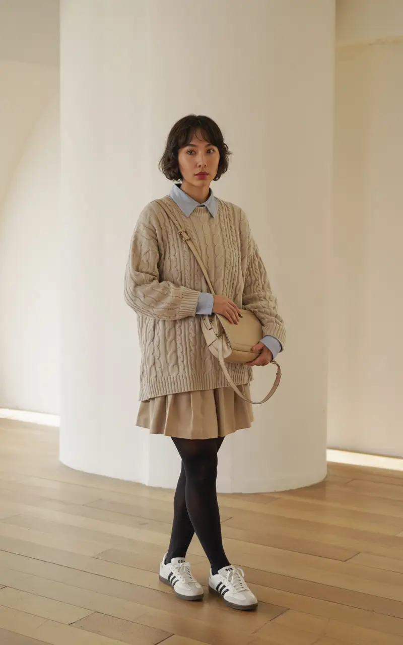 skirt outfits for winter Neutral Charm: Cozy Layers with a Classic Twist