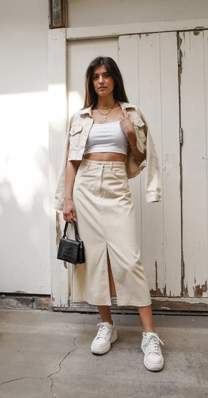 skirt outfits 2026 Chic Simplicity: The Cream Midi Set