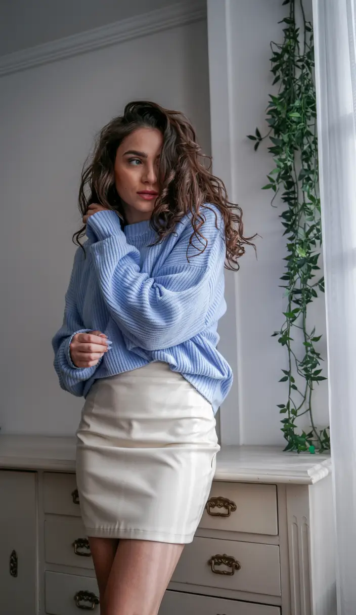 skirt outfits 2026 Soft Luxe: Blue Knit and Cream Mini