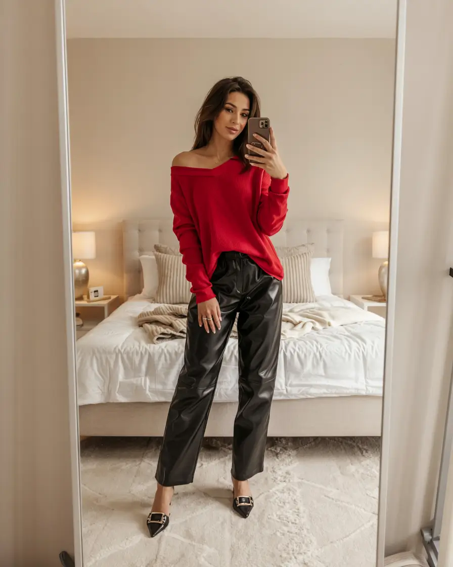 birthday outfits winter Soft Rebel Red Knit & Leather Contrast
