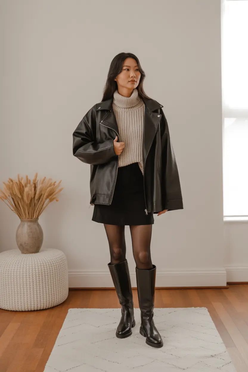 brunch outfits Leather Layers and Cozy Textures