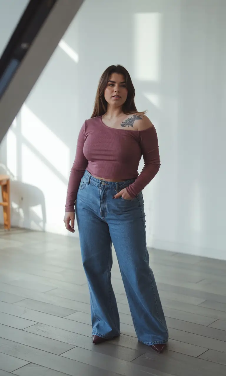 plus size outfits 2026 Soft Mauve & Denim Ease