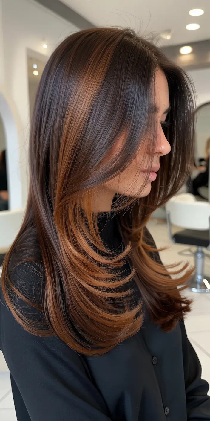 chocolate brown hair color 2026 Golden Layered Sweep