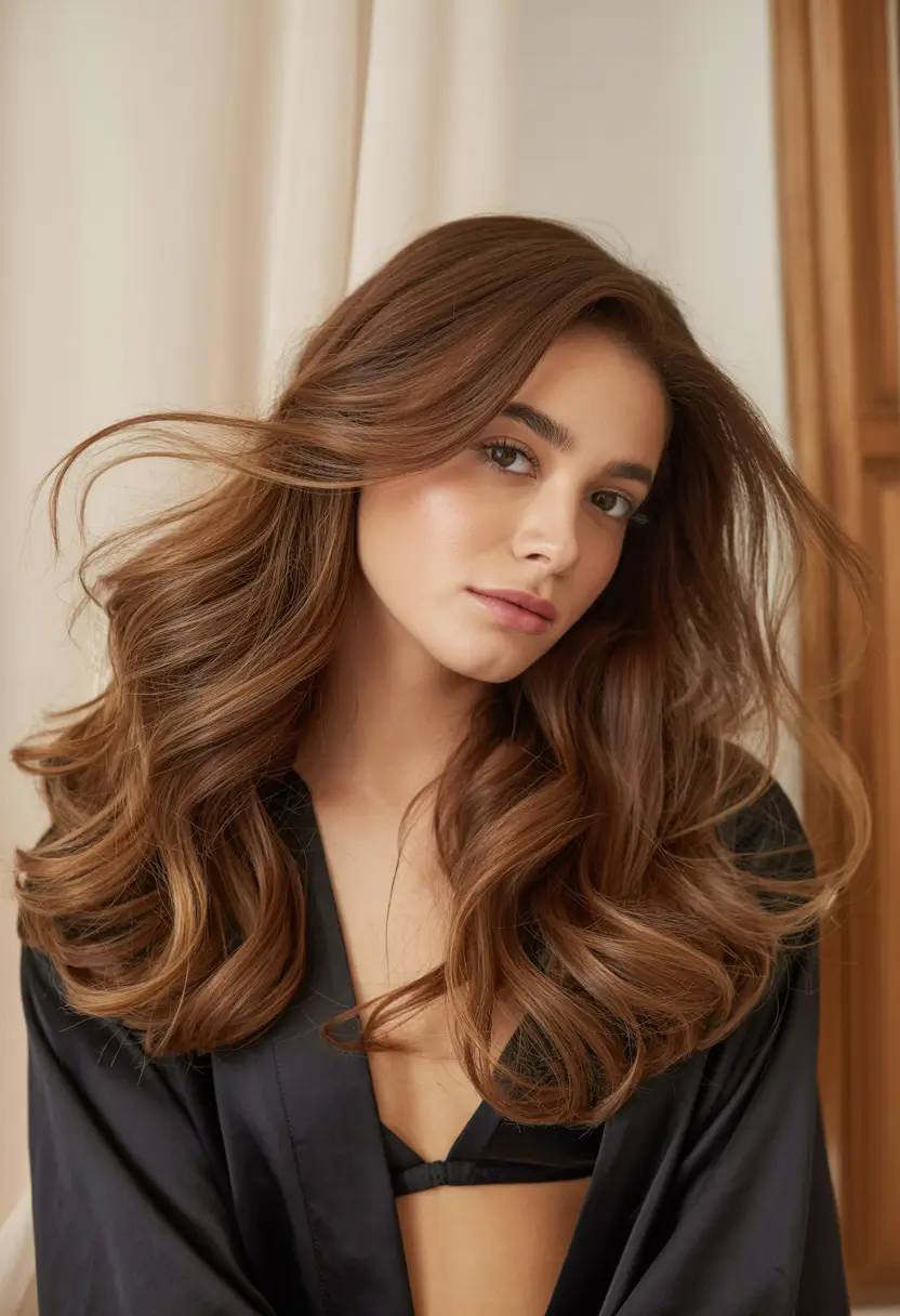 chocolate brown hair color 2026 Caramel Silk Layers